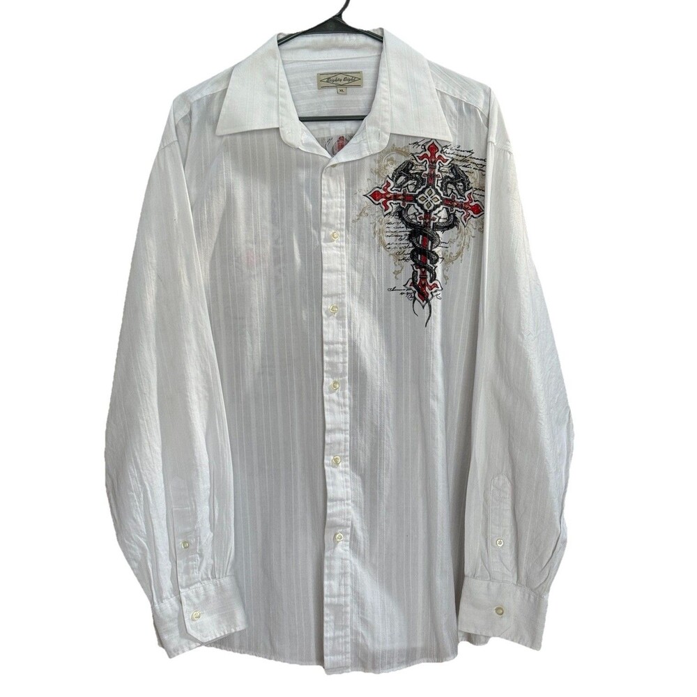 Vintage Eighty Eight Y2K Mens White Long Sleeve Embroidered Button Up Size XL